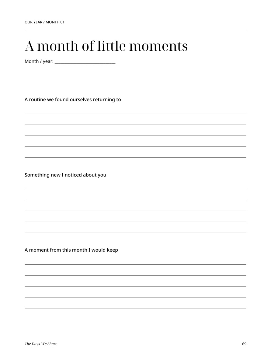 Actual undated monthly reflection page with prompts for routines, discoveries, and a moment to keep.