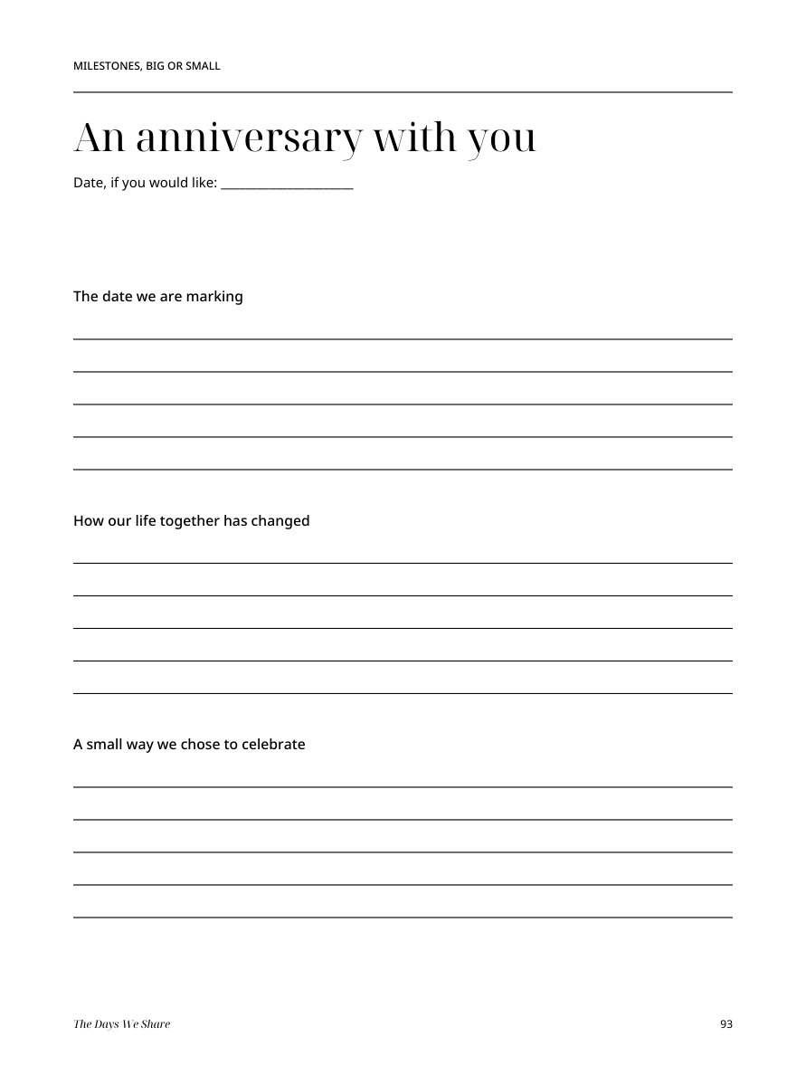 Actual anniversary page with prompts for marking a date and celebrating together.