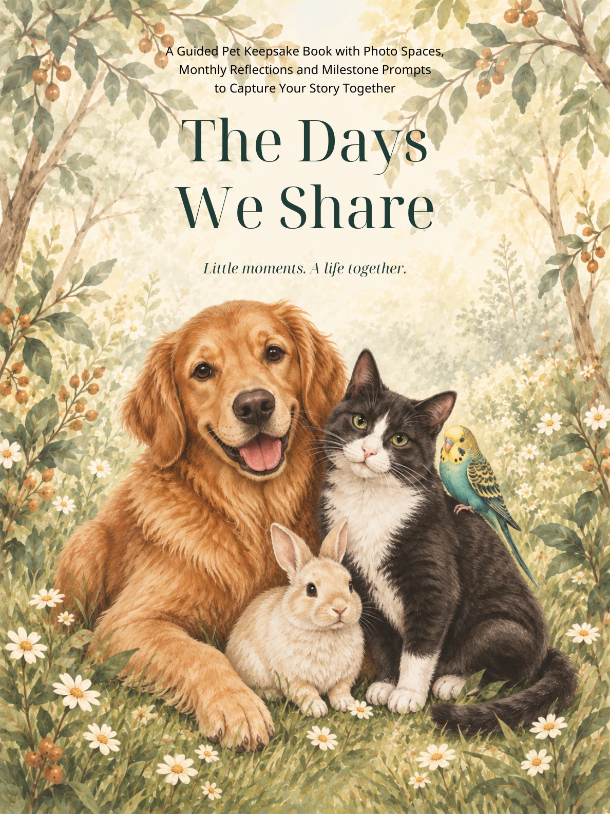 The Days We Share illustrated book cover with dog, cat, rabbit, and bird