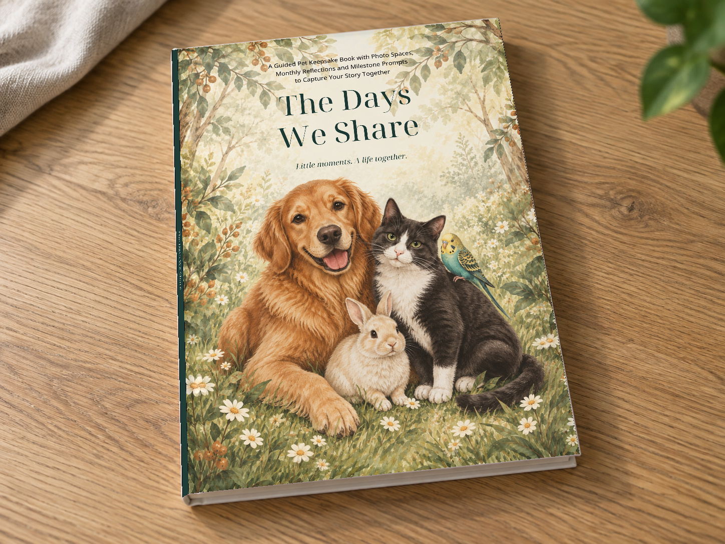 Digital mockup of The Days We Share hardcover on a wooden table, with its illustrated dog, cat, rabbit, and bird cover.